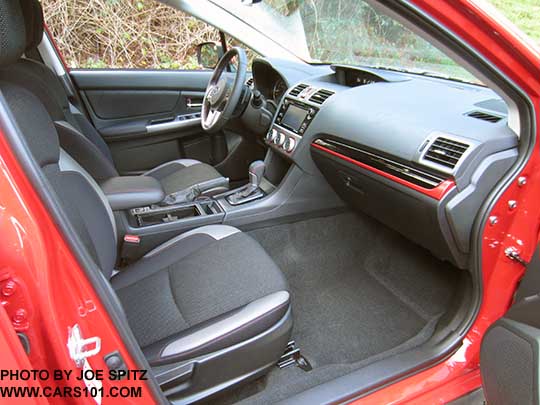 2017 Crosstrek Premium Special Edition gray cloth interior with red/black dash trim. Pure red car shown.