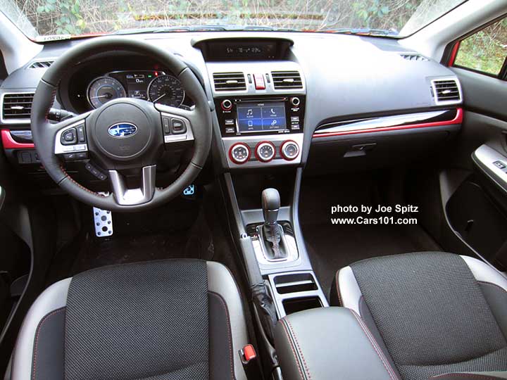 2017 Crosstrek Premium Special Edition gray cloth interior with red/black dash trim. Pure red car shown.