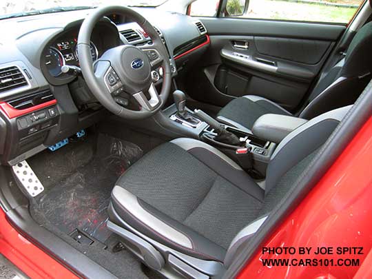 2017 Crosstrek Premium Special Edition gray cloth interior with red/black dash trim. Pure red car shown.