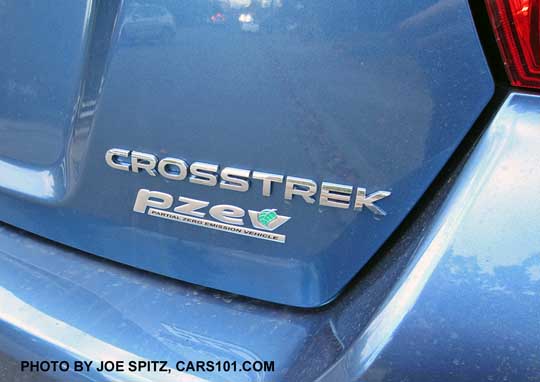 2017 Crosstrek right side silver rear Crosstrek and PZEV logo, quartz blue car shown