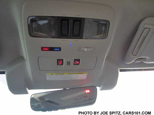 2017 Crosstrek overhead console with Eyesight cameras and off buttons, Starlink buttons, map lights, power moonroof tilt and slide buttons, bluetooth mic, blue ambient light