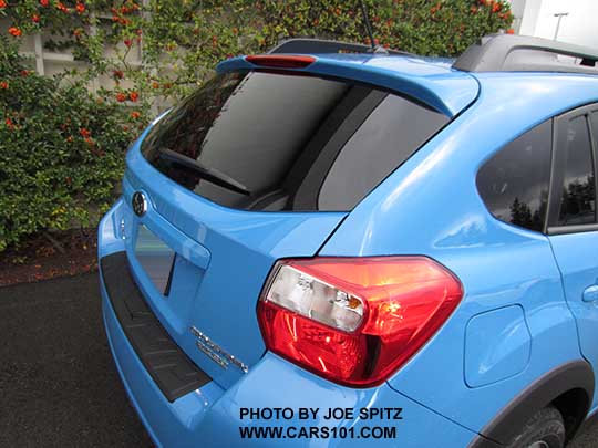 rear view of the 2017 Subaru Crosstrek with the standard rear spoiler. Hyperblue color shown