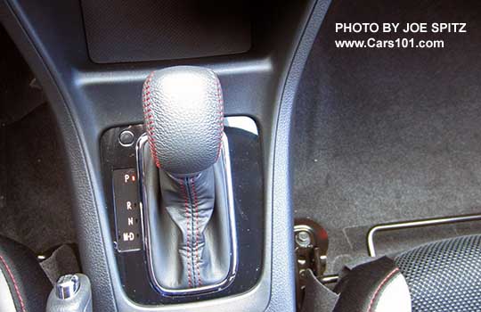 2017 Crosstrek Premium Special Edition leather wrapped CVT shift knob with red stitching, and gloss back shift plate.