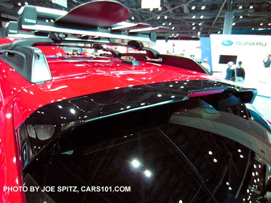 2017 Subaru Crosstrek Premium Special Edition rear spoiler with black trailing edge and indented brake light is larger than the standard Crosstrek's rear spoiler