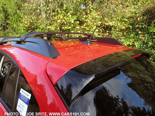 2017 Crosstrek Premium Special Edition rear spoiler with trailing rear edge, slightly larger than other Crosstreks. Pure red shown