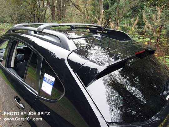 2017 Crosstrek Premium Special Edition rear spoiler with trailing rear edge is slightly larger than other Crosstreks. Crystal black shown