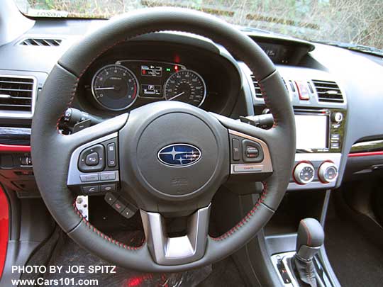 2017 Crosstrek Premium Special Edition gray leather wrapped steering wheel with red stitching.