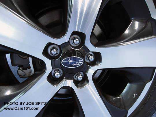 closeup of the 2017 Subaru Crosstrek Premium Special Edition 17" aero design alloy wheel, machined silver and black. This is the wheel used on the 2014-2016 Crosstrek Hybrid