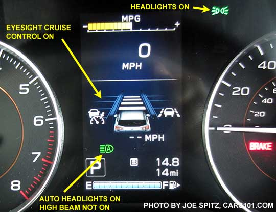 diagrammed 2018 Subaru Crosstrek Limited instrument panel center info display with eyesight, lane keep assist, high beam assist