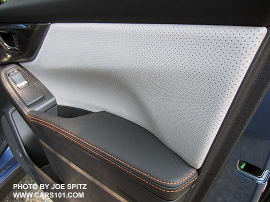 2018 Subaru Crosstrek front passenger door panel, Limited with gray perforated leatherette insert, orange thread stitching