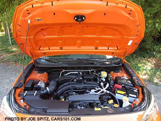 2018 Crosstrek 2.0i and engine and open hood. No underhood insulator