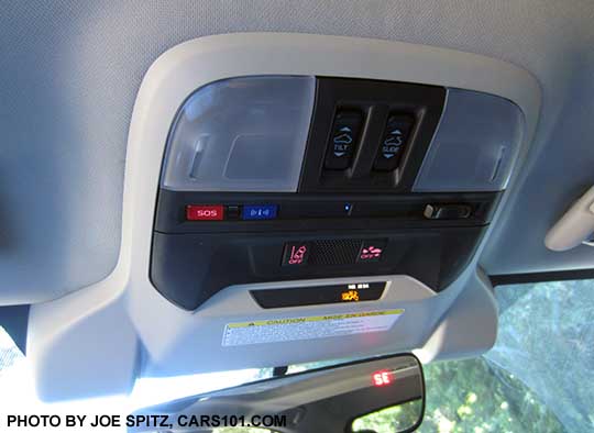2018 Subaru Crosstrek overhead console with Eyesight forward facing cameras by the rear view mirror, eyesight on/off buttons, map lights with on/off with door open button, moonroof tilt/slide buttons, Starlink emergency connectivity buttons.