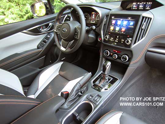 2018 Subaru Crosstrek Limited, gloss black shift plate, silver dash trim, climate control,  8" audio, dark and light gray leather interior, orange stitching