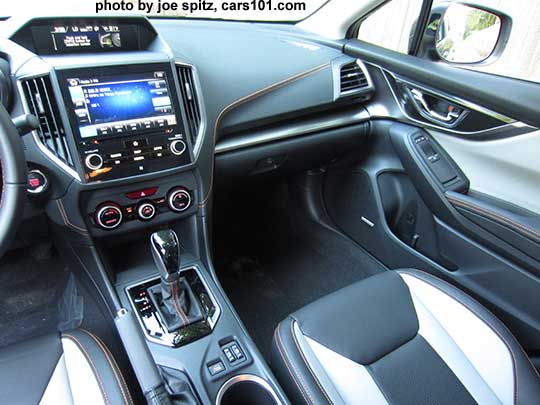 2018 Subaru Crosstrek Limited, gloss black shift plate, silver dash trim, climate control,  8" audio, dark and light gray leather interior, orange stitching