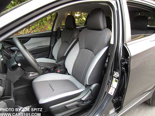 2018 Subaru Crosstrek 2.0i CVT, light and dark gray cloth with black stitching. Note- in some photos the light gray may appear almost white, its really a light pewter gray