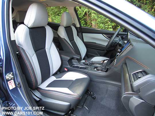 2018 Subaru Crosstrek Limited, gloss black shift plate, silver dash trim, dark and light gray leather interior with orange stitching