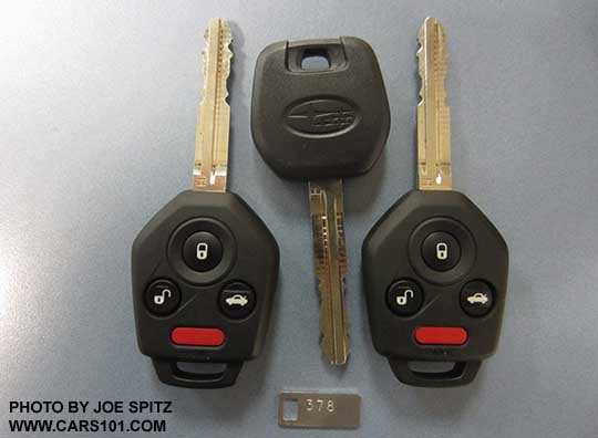 2018 Crosstrek standard ignition keys, 2 main keys with remote lock/unlock, 1 valet key. Shown with key code (not required to cut a key)