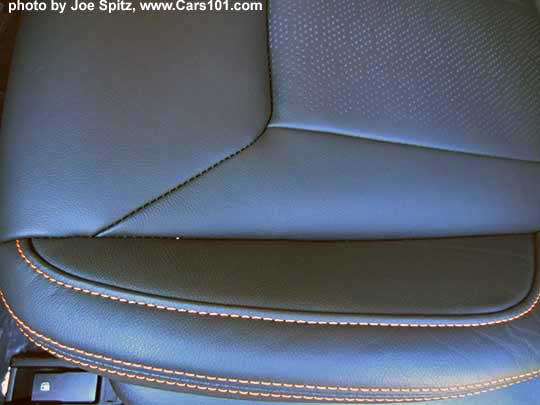 closeup of the 2019 Subaru Crosstrek perforated black leather interior with orange stitching