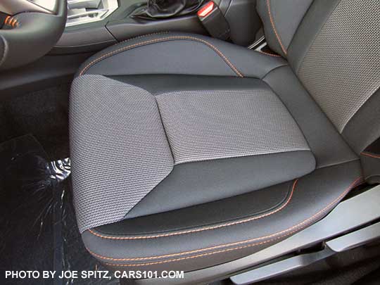 2019 Subaru Crosstrek black cloth with orange stitching. Premium models only. Driver's seat cushion shown