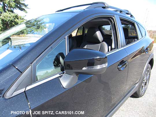 2018 Subaru Crosstrek Limited outside mirrors, body colored, with integrated new for 2018 LED turn signals. Black car with black leather interior shown