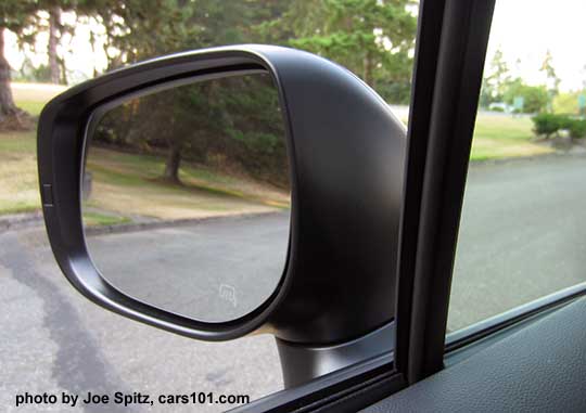 2018 Subaru Crosstrek outisde mirror without blind spot detection in the mirror housing. 2.0i base model matte black unpainted mirror shown.