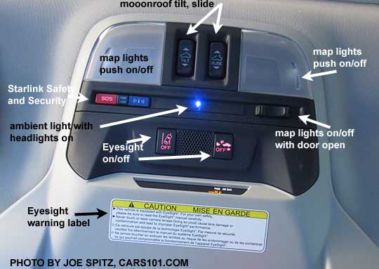 diagrammed 2018 Subaru Crosstrek overhead console with optional Eyesight cameras, eyesight on/off buttons, map lights with on/off with door open button, moonroof tilt/slide buttons, Starlink emergency connectivity buttons, ambient light (on with headlights)