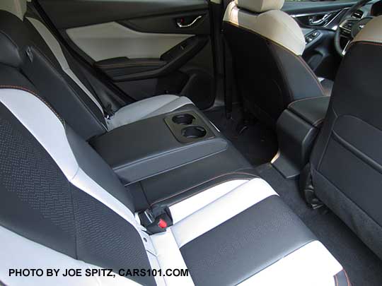 2018 Subaru Crosstrek Limited rear seat with center armrest.. Gray interior shown with dark and light gray. Note the light gray is actually darker than it appears in this photo.