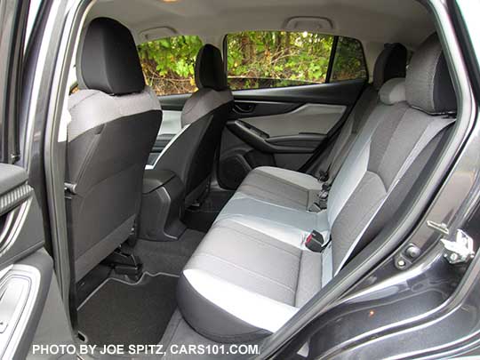 2018 Subaru Crosstrek 2.0i base model rear seat. Gray cloth interior shown with dark and light gray. Note the light gray is actually darker than it appears in this photo