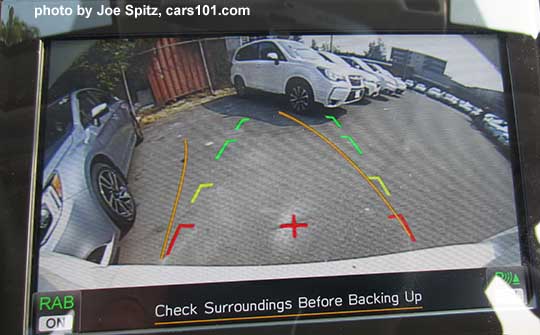2018 Subaru Crosstrek rear view camera with active steering path lines  showing steering wheel position and direction of the car, where it's going... shown with optional Reverse Auto Brake and back-up beeper
