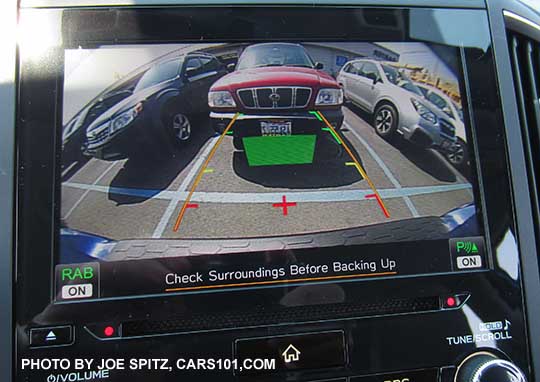 2018 Subaru Crosstrek Limited with eyesight with rear view camera showing the Reverse Auto Brake detecting an object. The green square is when the object is first detected