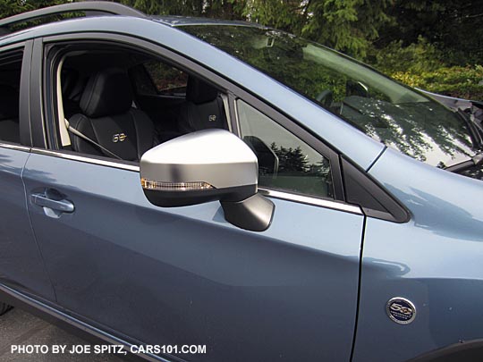 2018 Subaru Crosstrek Limited 50th Anniversary Edition has silver outside mirrors with turn signals, 50th Anniversary badges on both front fenders. Only 1,050 made,  all are Heritage Blue with black leather