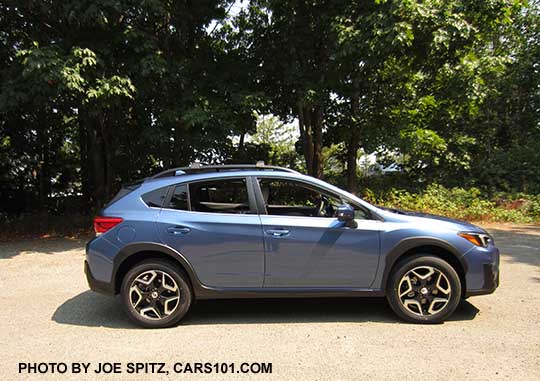 side view 2018 Subaru Crosstrek Limited (note the Limited's wheels). Quartz Blue color shown