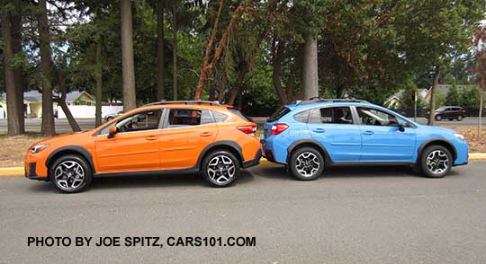 2018 all new redesigned Subaru Crosstrek Limited, sunshine orange color, with a 2016 HyperBlue Crosstrek