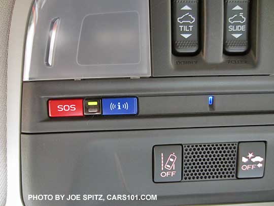 2018 Subaru Crosstrek overhead console with activated Starlink connectivity functions indicated by the green light. Shown with blue ambient light, moonroof and Eyesight buttons.