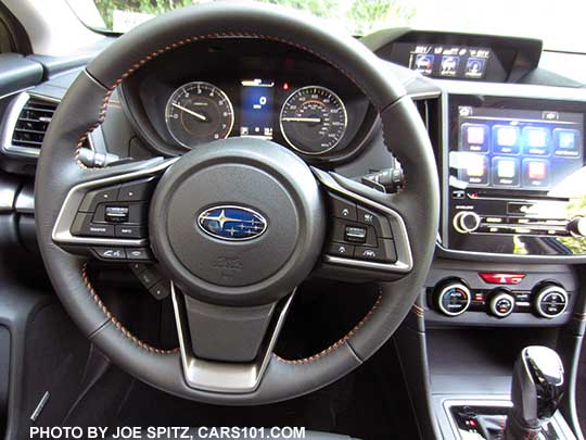 2018 Subaru Crosstrek Limited leather wrapped steering wheel with orange stitching, and optional Eyesight controls