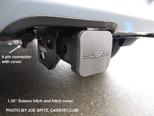 2018 Subaru Crosstrek optional trailer hitch. 1.25 hitch. Includes insert, hitch cover with logo, and wired with 4 pin connector.