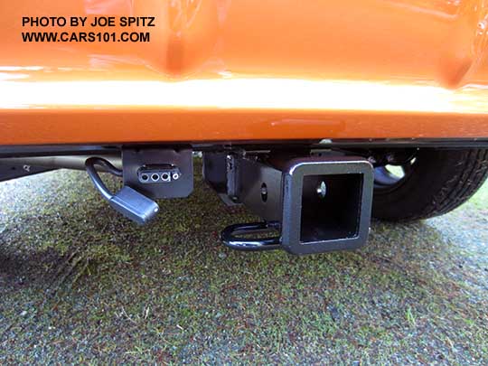 closeup of the 2018 Subaru Crosstrek with aftermarket 2" trailer hitch with 4 pin connector