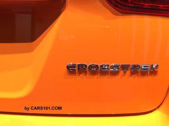 2018 Subaru Crosstrek rear gate logo, sunshine orange color. NY auto show