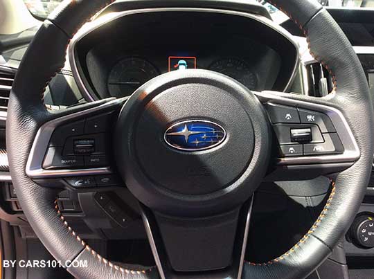 2018 Subaru Crosstrek Limited gray leather wrapped steering wheel with orange stitching. NY auto show