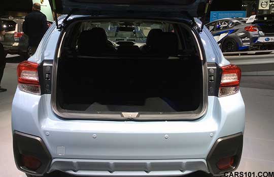 cargo area of the 2018 Crosstrek at the NY auto show, cool gray khaki shown