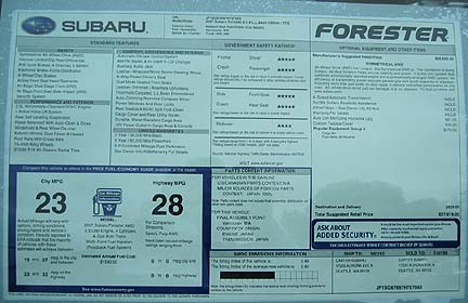 2007 Subaru window sticker