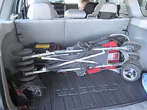 baby stroller in the back of a Forester