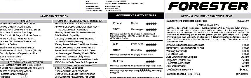 2010 Limited Forester Limited price sticker