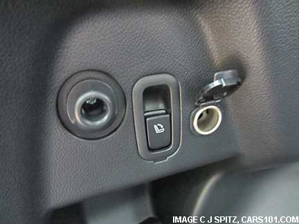 subaru forester cargo area 12v power outlet, cargo hook, Touring model with rear seat fold-down button shown