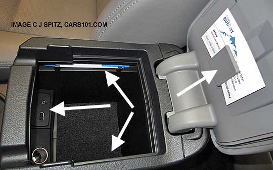 2014 subaru forester center console storage with 2 pen holders, paper/pad clip, USB, aux jack