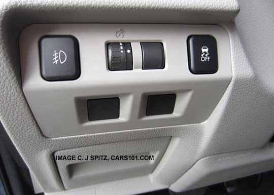 Subaru forester controls by drivers knee with fog light switch on base and Premium models. On limited and Touring the fog light switch is on the turn signal stalk with the headlight switch.