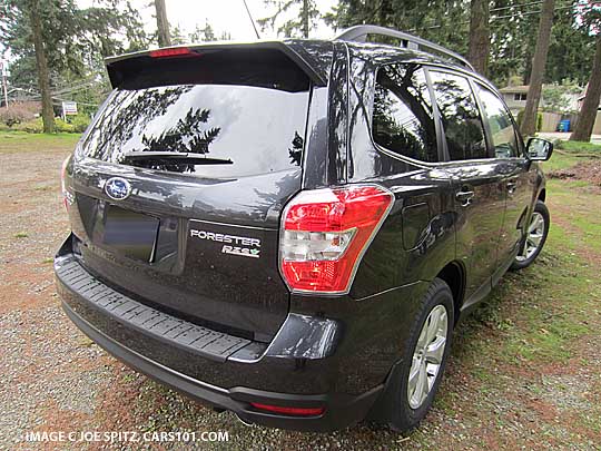 14 forester limited with standard rear spoiler, rear view, dark gray shown