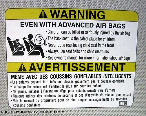 2015, 2014 subaru forester airbag warning on driver sunvisor in english and french