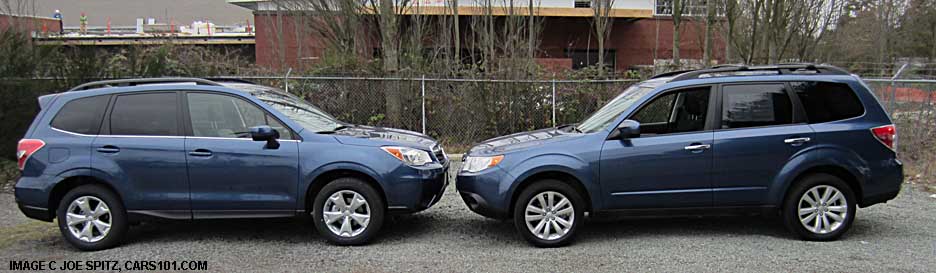 2014 and 2013 subaru forester, marine blue pearl nose to nose