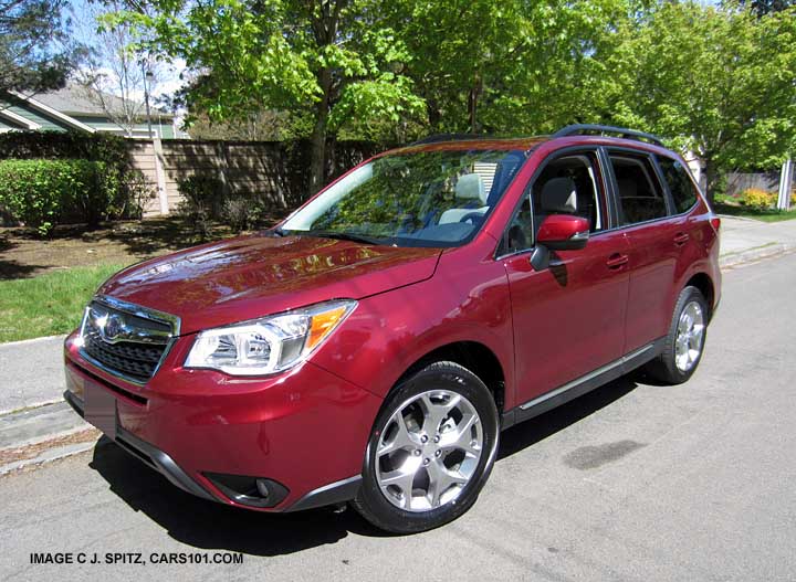 -  2015 Forester 2.5i Touring Venetian Red, with new for 2015 high luster 18" silver alloys and the lower rocker panel chrome trim strip